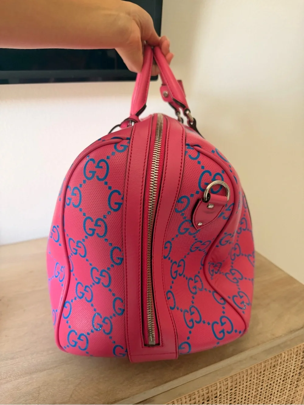 Gucci embossed Pink and Blue GG Supreme Weekender Duffel Bag